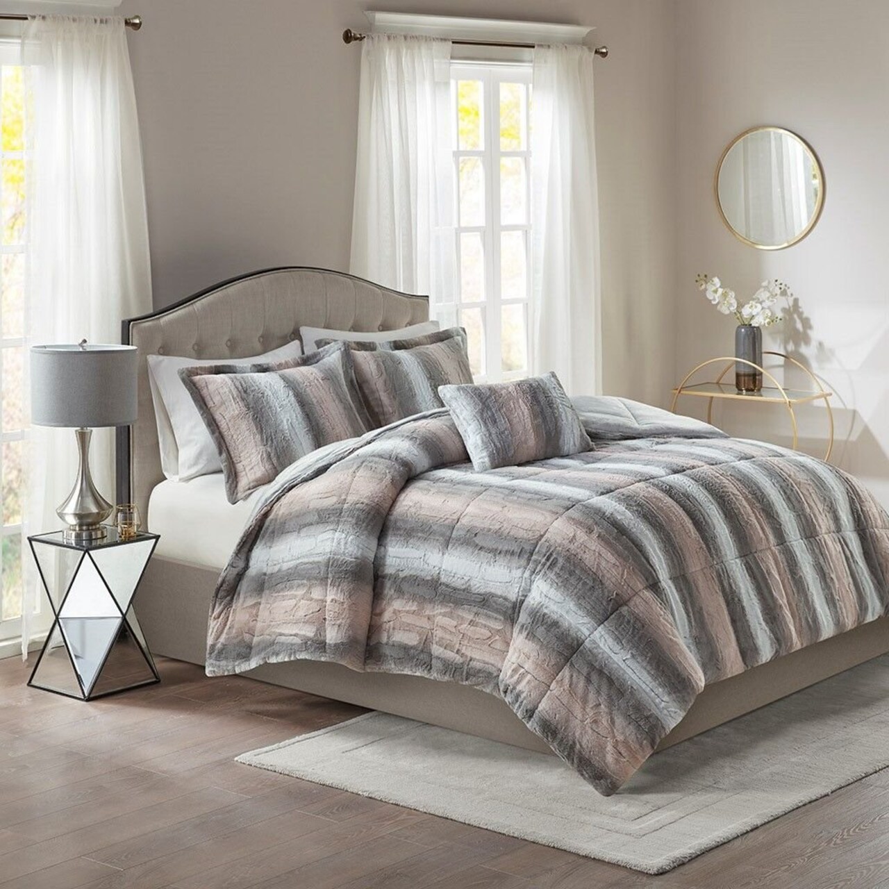 Edge Collections - 26" x 20" - Gray - Zuri FullQueen Faux Fur Comforter Set - 4PC